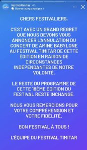 Story instagram du festival Timitar