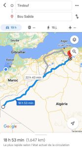 Distance entre Tindouf et Bou Saâda en Algérie sur Google Maps