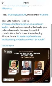 Le post Twitter d'African Leadership Magazine, supprimé depuis.