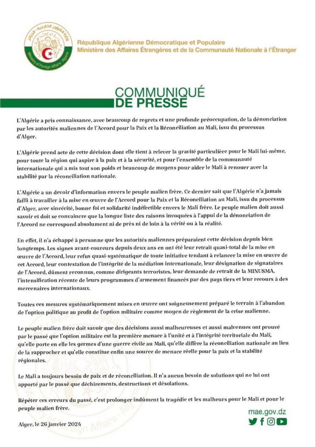 communiqué de presse publié par le ministère des affaires étrangères algérien
