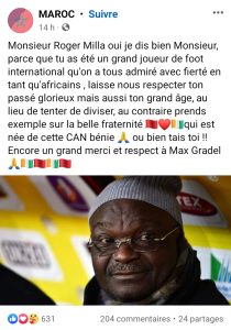 Post Facebook de la page MAROC sur les derniers propos de Roger Milla.