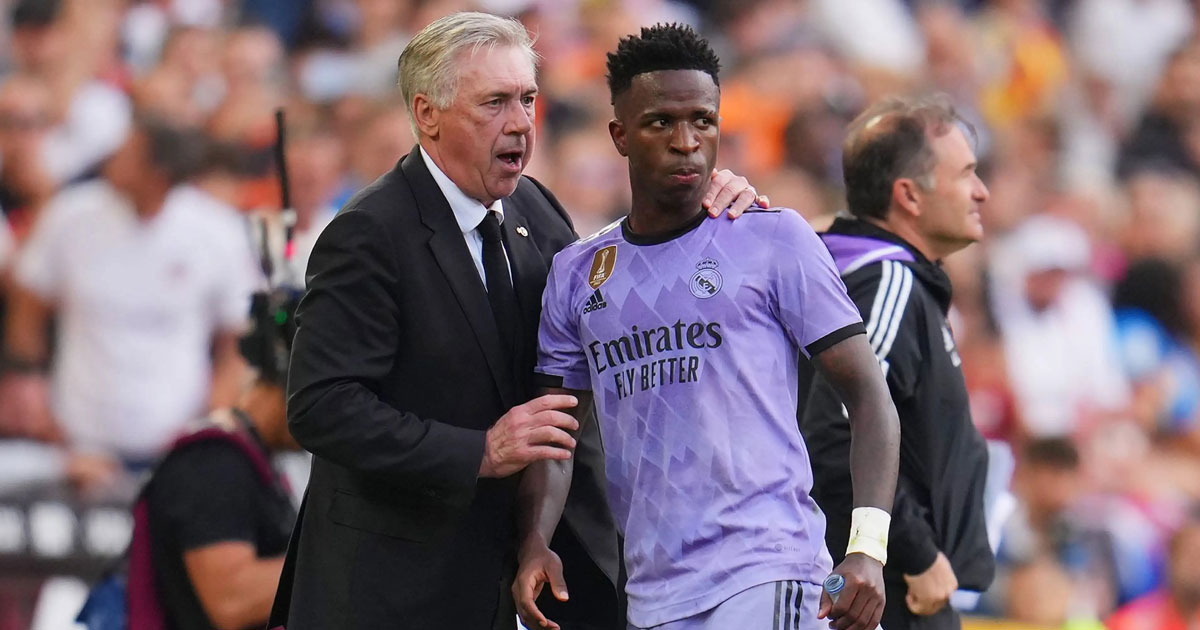 Foot: Ancelotti (Real Madrid) n'avait "jamais rencontré de joueur plus visé que Vinicius"