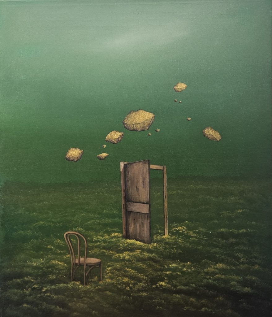 houda terjuman run run to golden lands 65x70cm 2022 oil and acrylic on canvas