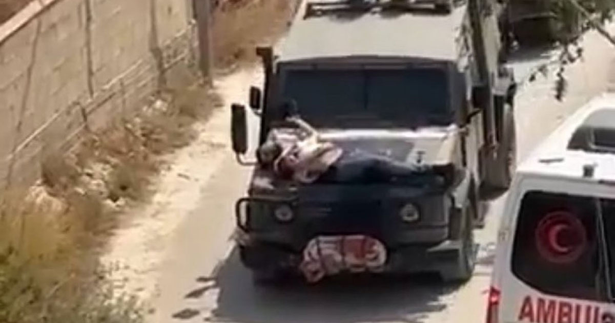 Cisjordanie: des soldats israéliens attachent un Palestinien sur un véhicule militaire