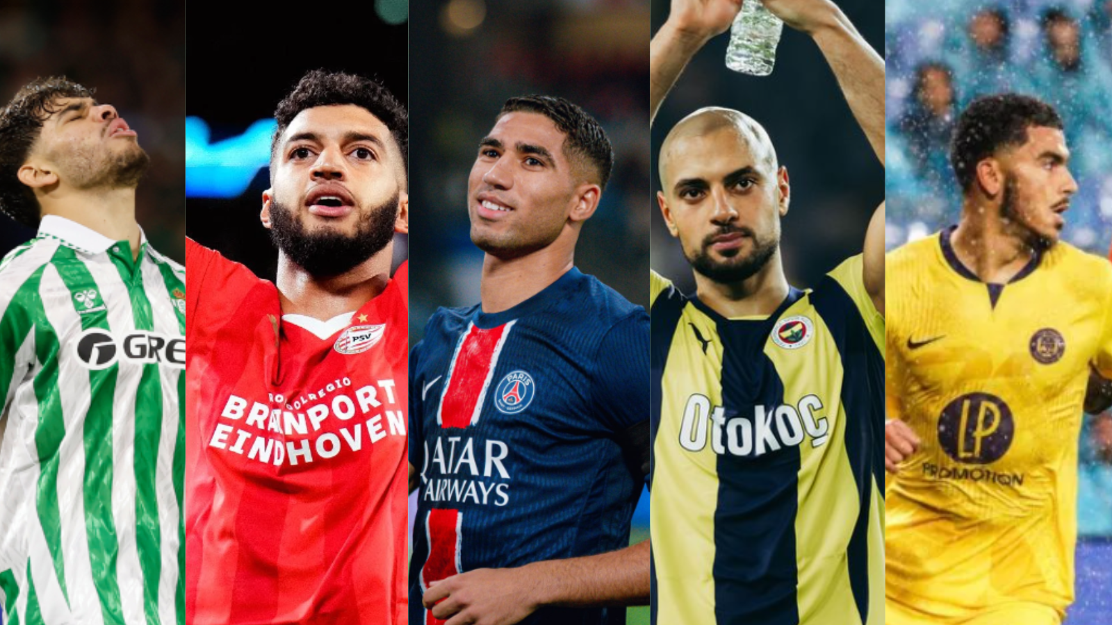 Abde Ezzalzouli, Ismael Saibari, Achraf Hakimi, Sofyan Amrabat et Zakaria Aboukhlal
