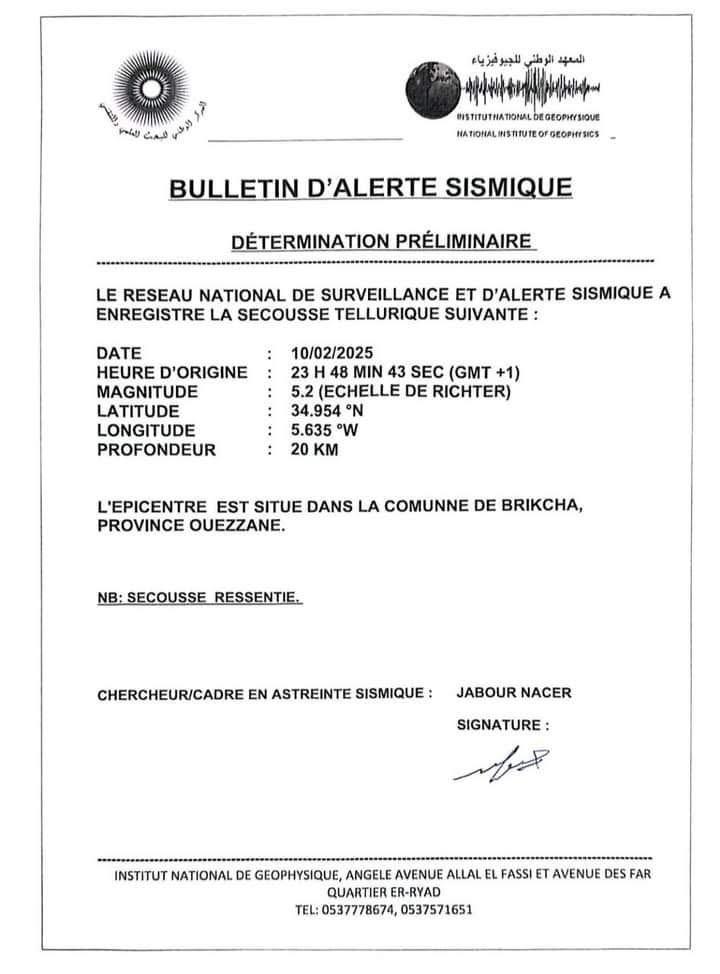 bulletin d'alerte sismique