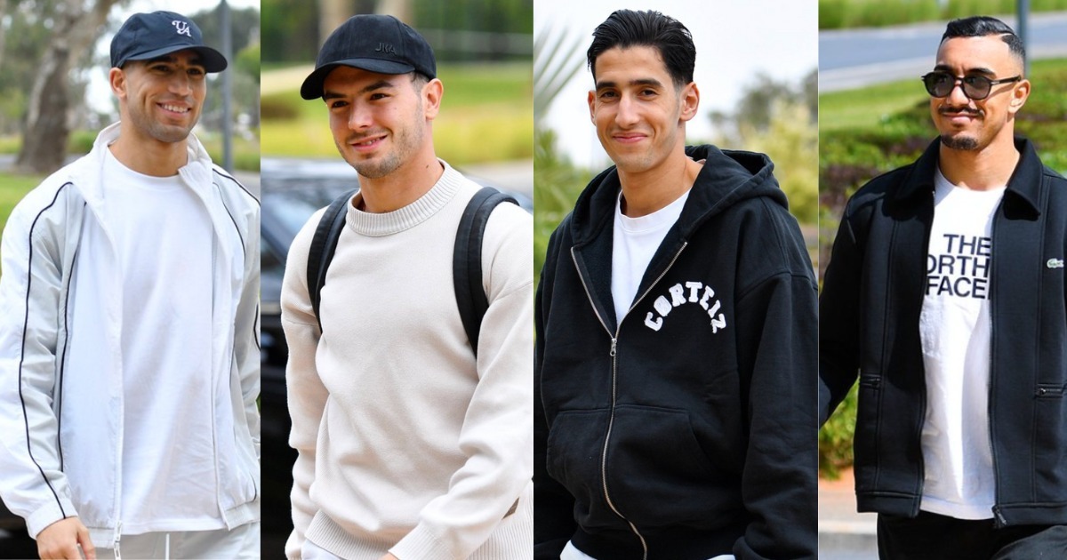 Achraf Hakimi, Brahim Diaz, Nayef Aguerd, Mehdi Benabid à leur arrivée au Complexe Mohammed VI