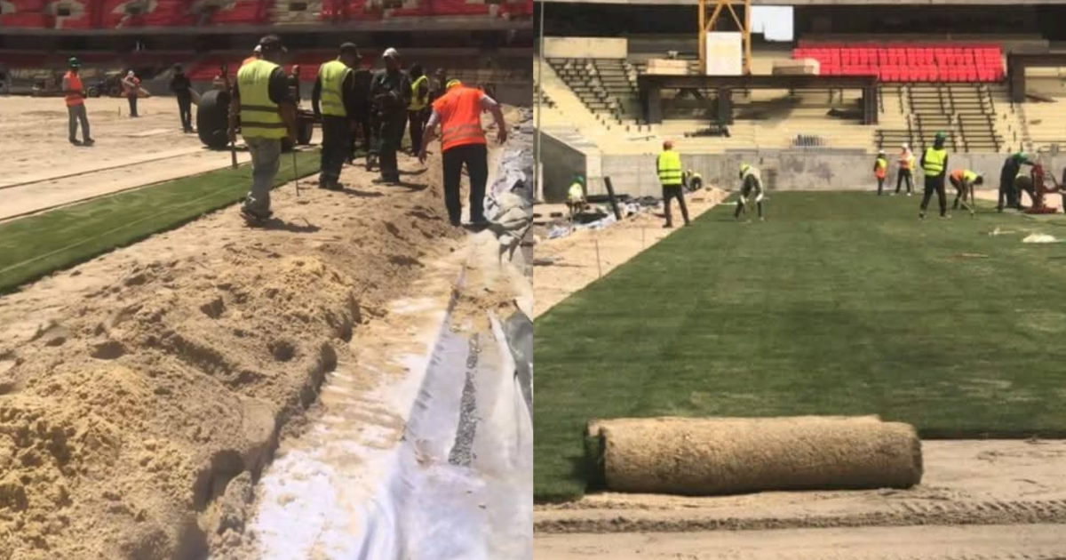 Travaux de la pose de la pelouse au stade Moulay Abdellah de Rabat