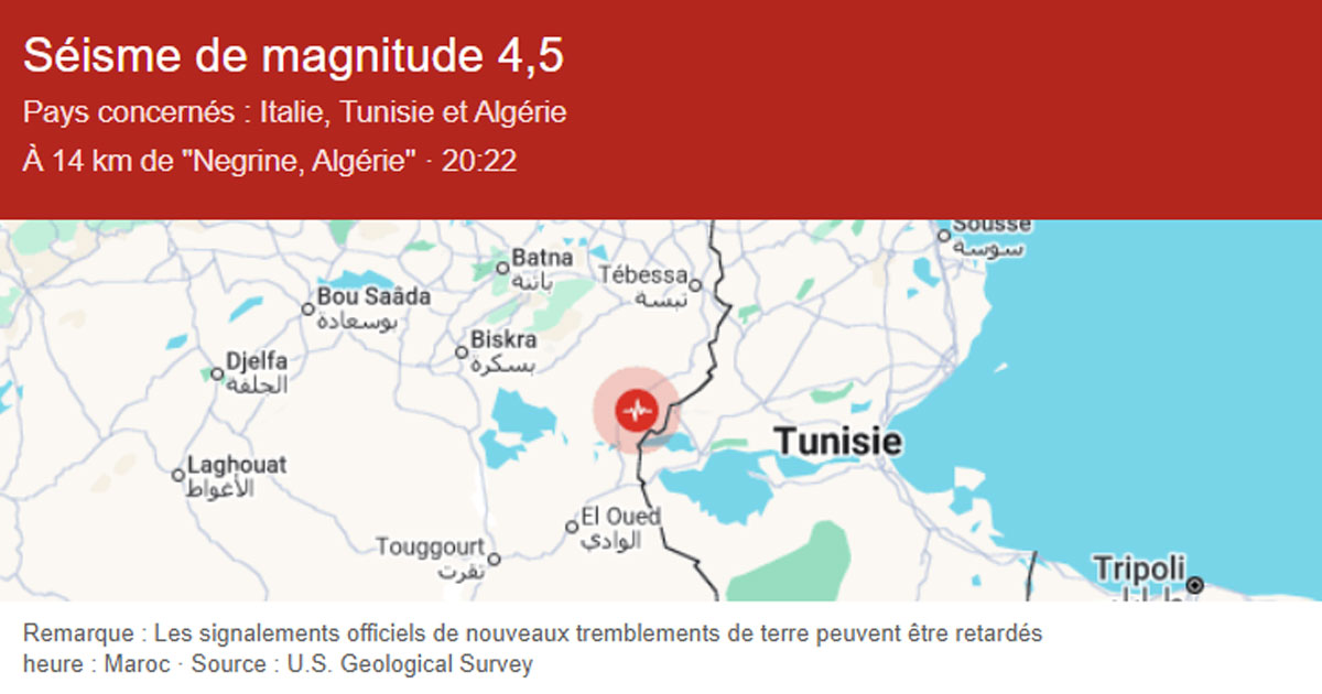 Algérie : un séisme de 5,8 secoue Tabessa, une réplique de 4,8 enregistrée