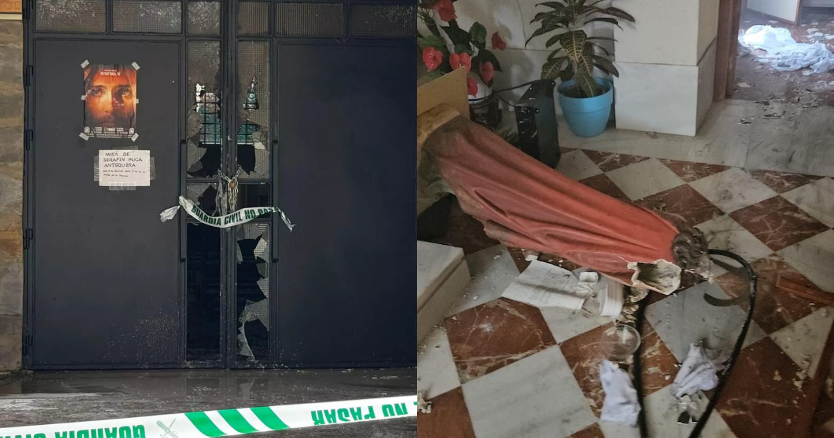 la porte et l'intérieur de l'église incendiée et vandalisée