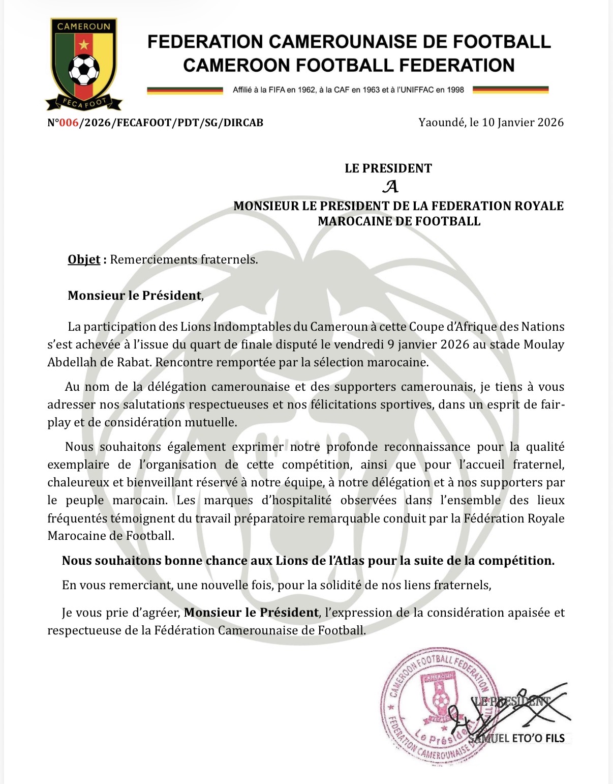 Samuel Eto’o salue le professionnalisme et l’hospitalité du Maroc lors de la CAN-2025