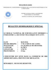 secousse tellurique, Institut National de Géophysique, ING, 4,0, échelle de Richter, Sidi Kacem