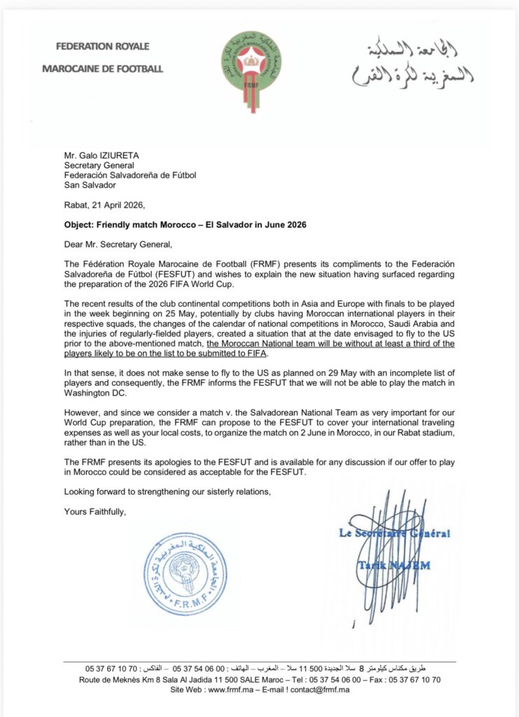 Lettre de la FRMF à la fédération salvadorienne