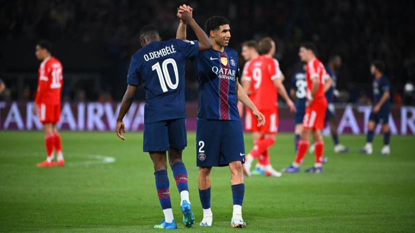 Achraf Hakimi et Ousmane Dembélé lors de la demi-finale de la Ligue des champions face au Bayern (5-4).