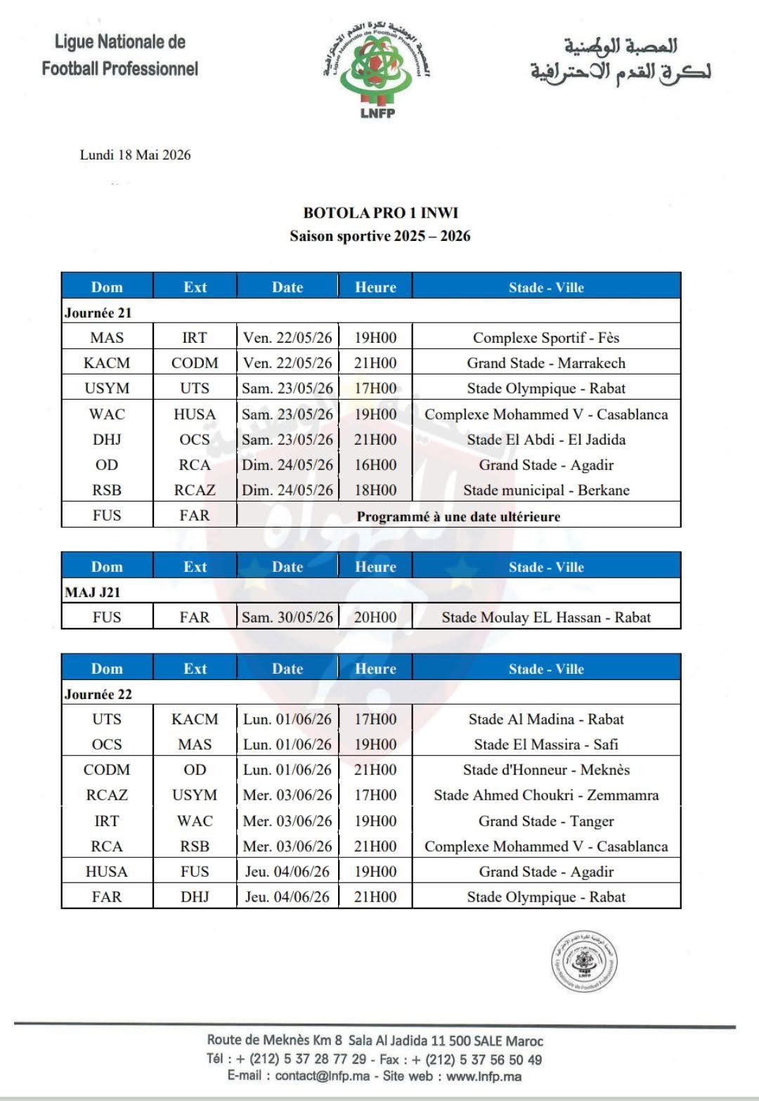Botola-le programme des 21e et 22e journée