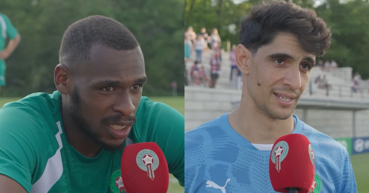 Issa Diop et Yassine Bounou lors de la première séance d'entraînement des Lions de l'Atlas aux États-Unis.
