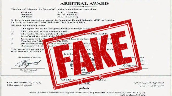 Le faux document attribué au Tribunal arbitral du sport quant à l'affaire de la finale de la CAN 2025 Maroc-Sénégal.